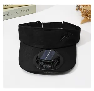 Detail shot of black empty-top sun visor hat with built-in solar fan for cool outdoor summer sports.