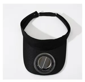 Detail view of black sun visor hat with built-in solar cooling fan for outdoor summer sports use.