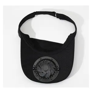 Detailed view of black sun visor hat with built-in rechargeable fan, breathable quick-dry fabric.