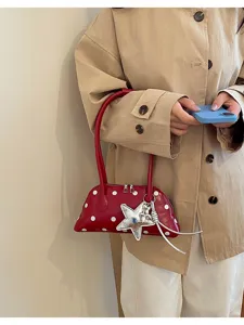 Red polka dot shoulder bag for women, minimalist daily underarm handbag with chic star charm
