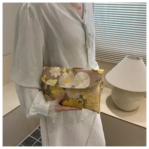 Floral embroidered mesh chain crossbody bag elegant evening cloud bag summer style.