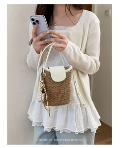 Bolso bandolera de paja tejida estilo coreano para mujer, bolso cruzado retro minimalista.