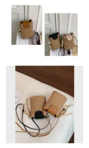 Koreaanse stijl stro geweven crossbody telefoon tas voor vrouwen, casual lichte kleine schoudertas.
