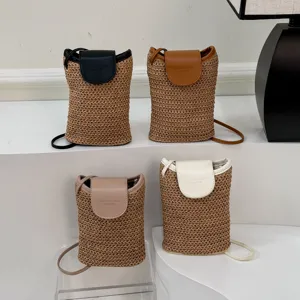Mode Geweven Stro Telefoontasje Vrouwen PU Leer Patchwork Crossbody Tas Retro Emmer Handtas Minimalistische Schoudertas