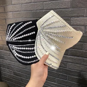 Sombrero de Visera de Sol Superior Abierto para Mujer Verano Al Aire Libre Transpirable Con Perlas Artificiales Strass Sombrero de Playa Casual