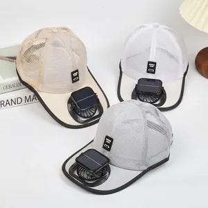 Breathable mesh baseball sun hat with built-in solar fan, outdoor cooling cap for summer.