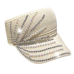 Mujer verano sombrero visera de sol parte superior abierta perla estrass playa casual beige