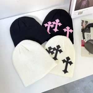 Bonnet en tricot unisexe croix gothique streetwear automne hiver chaud sans bord