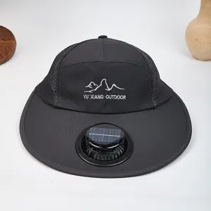 Solar powered fan sun hat for outdoor hiking and mountaineering with UV protection.