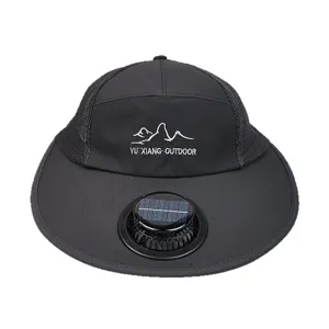Outdoor solar powered fan hat with wide brim, breathable mesh design, summer sun protection.