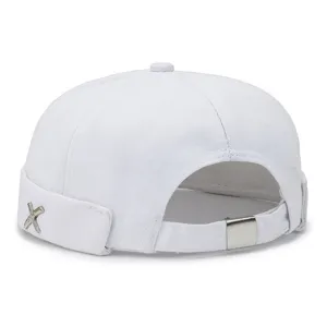 White brimless docker cap sailor hat with metal buckle and X logo for casual street style outfit