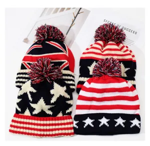 Dames winter gebreide muts met pompon, Amerikaanse en Britse vlag patronen voor koude dagen.