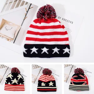 Dames winter gebreide muts muts met pompon, Amerikaanse vlag en Union Jack stijlen, gezellig warm.