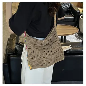 Γυναικεία τσάντα ώμου με πλεκτό βελονάκι σε boho στιλ, μεγάλη χωρητική τσάντα casual.