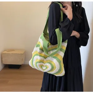 Borsa a spalla in maglia con motivo a cuore colorato, grande capacità per uso quotidiano