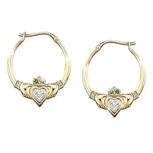 Keltische Claddagh Creolen Für Damen Vergoldet Hände Halten Herz Mit Krone Grün Weiß Strass Ethnisch Schmuck