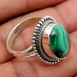 Vintage Retro 925 Silber Natürlicher Malachit Ring Ovaler Grüner Edelstein Statement Finger Schmuck Für Damen Tägliche Party