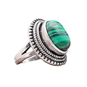 Vintage 925 Silber Ring mit ovalem gruenem Malachit Edelstein Retro Schmuck Damen