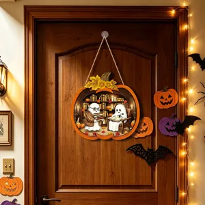 Halloween glowing wooden hanging sign LED ghost decoration pumpkin door pendant for home party