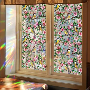 Rainbow Window Film Static Cling Privacy Frosted Glass Sticker Colorful Floral Bird Decorative Window Decal For Home Living Room