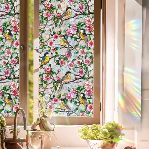 Stained glass window film with flowers and birds, static cling PVC rainbow film.