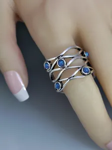 Vintage Thai silver plated blue opal ring hollow intertwined wide statement band ring