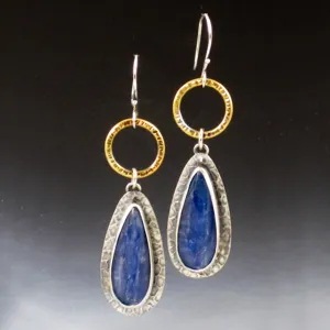 Handgefertigt Gehämmerte Retro Lapis Lazuli Hängeohrringe Galvanisiert Oxidiertes Silber Gold Lange Ohrringe Schmuck