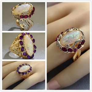 Anello in Lega Placcato Oro Esagerato Bohemien Con Opale Sintetico Ovale E Orecchini a Fiore Con Strass Colorati Per Gioielli Donna