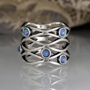 Vintage Thai Silver Plated Hollow Woven Ring Fashion Bohemian Artificial Blue Opal Ring For Women Men Scarf Clip Ring