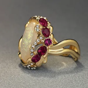 Anello in opale placcato oro con strass rossi e trasparenti gioielli moda europea