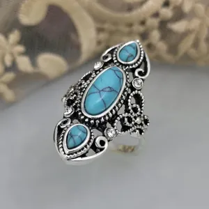 Anello vintage in argento con turchese, stile vittoriano gioiello traforato bohémien.