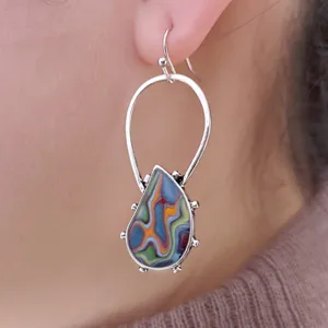 Orecchini pendenti boho in agata Fordite colorata vintage placcati in argento per donne