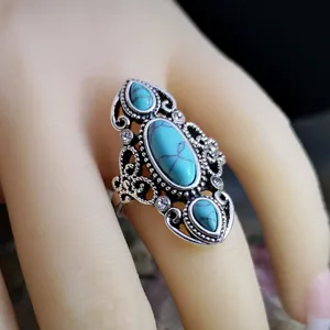Anello vintage con turchese da donna anello cocktail argento intagliato bohémien.