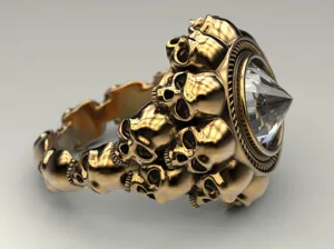 Anello teschio placcato oro stile punk con grande gemma di cristallo per uomo e donna