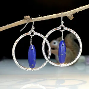 VINTAGE NATURALE LAPIS LAZZULI ARGENTO ORECCHINI A CERCHIO OVALE PIETRA GIOIELLI