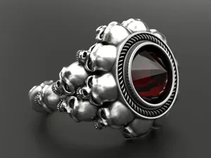 Vista dettagliata di un anello teschio in argento punk rock con pietra preziosa rossa unisex
