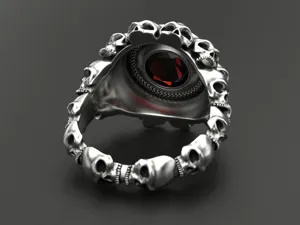 Anello teschio gotico punk in argento con gemma rossa dettagliato gioiello rock unico.