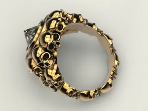 Anello teschio dorato in stile punk con una grande pietra preziosa, gioielli gotici.