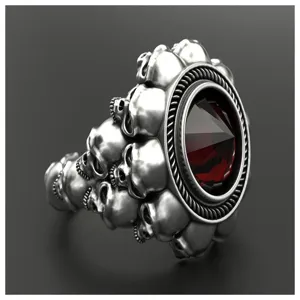 Anello gotico punk con teschio in argento 925 e gemma rossa per uomo e donna vista principale