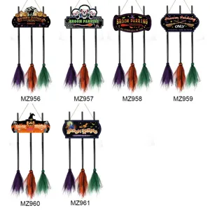 Halloween witch broom parking sign hanging decoration, festive spooky wall decor sign.
