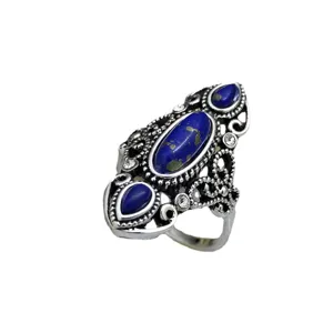 Anello in argento sterling stile vittoriano vintage con lapislazzuli blu e cristalli