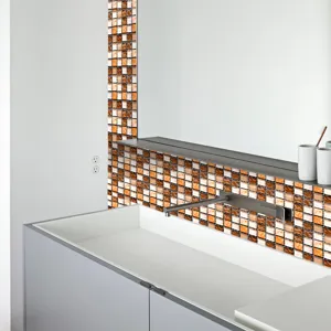 Brown mosaic tile stickers for bathroom wall decor, waterproof self-adhesive DIY home upgrade.