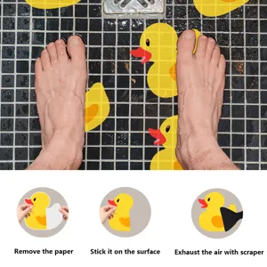 Bathroom non-slip duck stickers detail showing application steps and tile floor surface.