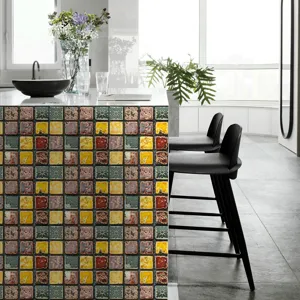 Waterproof mosaic tile sticker for kitchen island wall decor, easy DIY self-adhesive surface.