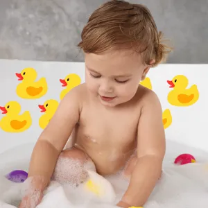 Cute yellow duck bath anti-slip stickers for safety in bathtub, waterproof shower strips.