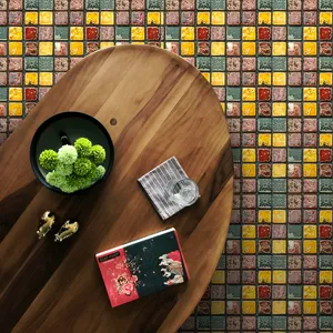 Detailed view of mosaic tile stickers on floor with wooden table and nice decor.