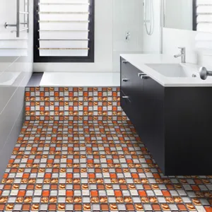Waterproof mosaic tile stickers for bathroom floor and wall decoration, detail view showing effect.