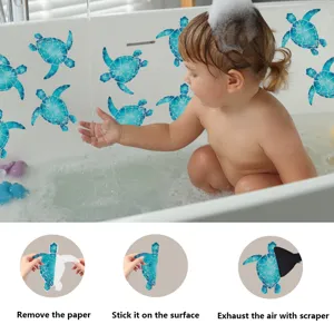 Non-slip bathtub stickers with cute blue turtle designs, frosted safety treads for bathroom tubs.