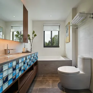 Waterproof blue and white mosaic tile sticker for modern bathroom vanity home decor DIY.
