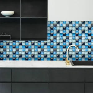 Blue mosaic tile stickers waterproof wall decor for kitchen backsplash self-adhesive peel stick